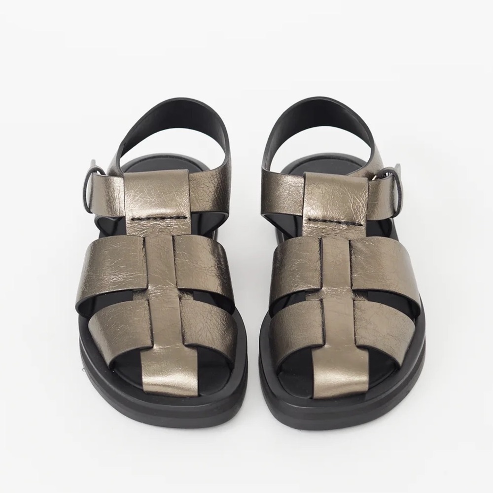 The Row Fisherman Bronze Gold Strappy Woven Leather Sandals - Picture 3 of 3